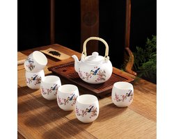 Fine Asianliving Chinese Theeservies Set/7 Porselein Handbeschilderd Roze Kersenbloesems