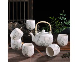 Fine Asianliving Chinese Theeservies Set/7 Porselein Handbeschilderd Wit Kersenbloesems