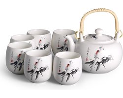 Fine Asianliving Chinese Theeservies Set/7 Porselein Handgeschilderd Bamboe