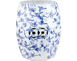 Fine Asianliving Keramische Kruk Blauw Wit Vogels Handgeschilderd D33xH45cm Keramiek Bijzettafel Porselein Stoel Tuinkruk