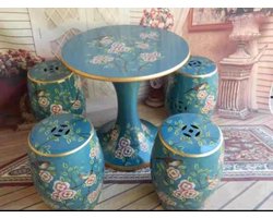Fine Asianliving Keramische Kruk en Tafel Bloemen Blauw Set/5 - Azelaine Keramiek Bijzettafel Porselein Stoel Tuinkruk