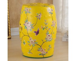 Fine Asianliving Keramische Kruk Geel Bloemen Handgemaakt - Emelyn D30xH45cm Keramiek Bijzettafel Porselein Stoel Tuinkruk