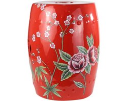 Fine Asianliving Keramische Kruk Pioenen Rood Handgemaakt B33xH45cm Keramiek Bijzettafel Porselein Stoel Tuinkruk