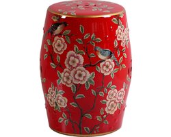 Fine Asianliving Keramische Kruk Rood Bloemen Handgemaakt - Aria D30xH45cm Keramiek Bijzettafel Porselein Stoel Tuinkruk