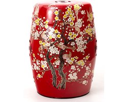 Fine Asianliving Keramische Kruk Rood Bloesems Handgemaakt - Ayumi D30xH45cm Keramiek Bijzettafel Porselein Stoel Tuinkruk