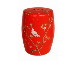Fine Asianliving Keramische Kruk Rood Papegaai Handgemaakt - Kaelin D30xH45cm Keramiek Bijzettafel Porselein Stoel Tuinkruk