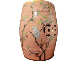 Fine Asianliving Keramische Kruk Roze Papegaai Handgemaakt - Feya D30xH45cm Keramiek Bijzettafel Porselein Stoel Tuinkruk