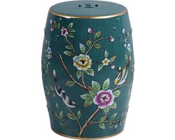 Fine Asianliving Keramische Kruk Teal Vogels Handgemaakt - Ruelle D30xH45cm Keramiek Bijzettafel Porselein Stoel Tuinkruk