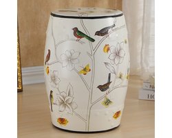 Fine Asianliving Keramische Kruk Wit Vogels Handgemaakt - Tayla D30xH45cm Keramiek Bijzettafel Porselein Stoel Tuinkruk
