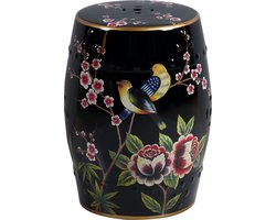 Fine Asianliving Keramische Kruk Zwart Vogels Handgemaakt - Orion D30xH45cm Keramiek Bijzettafel Porselein Stoel Tuinkruk