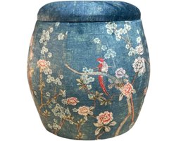 Fine Asianliving Velours Poef met Opbergruimte Rond Blauw Vogels Handgemaakt D43xH43cm Velvet Opbergpoef Fluweel Voetenbankje Groot met Deksel