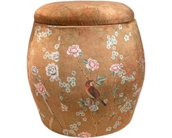 Fine Asianliving Velours Poef met Opbergruimte Rond Bruin Vogels Handgemaakt D43xH43cm Velvet Opbergpoef Fluweel Voetenbankje Groot met Deksel
