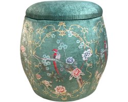 Fine Asianliving Velours Poef met Opbergruimte Rond Groen Vogels Handgemaakt D43xH43cm Velvet Opbergpoef Fluweel Voetenbankje Groot met Deksel