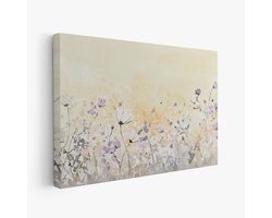 FineArtia - Bloemenveld Waterverf Schilderij - Canvas Schilderij - 120 x 80 cm - Woonkamer Decoratie - Beige;Creme;Grijs - Slaapkamer Schilderij - Wanddecoratie