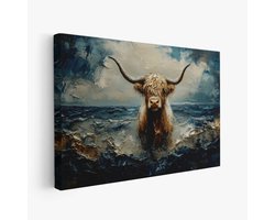 FineArtia - Dramatische stier in woeste zee - Canvas Schilderij - 90 x 60 cm - Woonkamer Decoratie - Blauw;Bruin - Slaapkamer Schilderij - Wanddecoratie