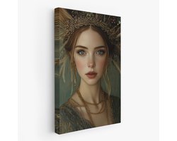 FineArtia - Elegante vrouw met veren hoofdtooi - Canvas Schilderij - 60 x 90 cm - Woonkamer Decoratie - Bruin;Zwart - Slaapkamer Schilderij - Wanddecoratie