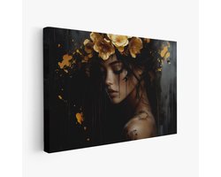 FineArtia - Gele bloemenkroon dromerig portret - Canvas Schilderij - 120 x 80 cm - Woonkamer Decoratie - Bruin;Zwart - Slaapkamer Schilderij - Wanddecoratie