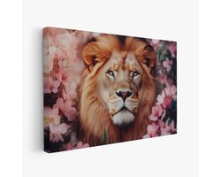 FineArtia - Gouden leeuw in roze bloemen - Canvas Schilderij - 120 x 80 cm - Woonkamer Decoratie - Rosegoud;Zwart - Slaapkamer Schilderij - Wanddecoratie