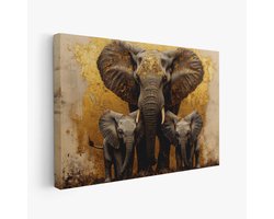 FineArtia - Gouden Olifantenfamilie Harmonie - Canvas Schilderij - 120 x 80 cm - Woonkamer Decoratie - Bruin;Oranje;Zwart - Slaapkamer Schilderij - Wanddecoratie
