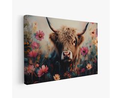 FineArtia - Harige koe in bloemenveld - Canvas Schilderij - 120 x 80 cm - Woonkamer Decoratie - Bruin;Roze - Slaapkamer Schilderij - Wanddecoratie