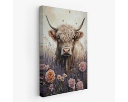 FineArtia - Hoornkoe in bloemenveld - Canvas Schilderij - 100 x 150 cm - Woonkamer Decoratie - Blauw;Bruin;Zwart - Slaapkamer Schilderij - Wanddecoratie