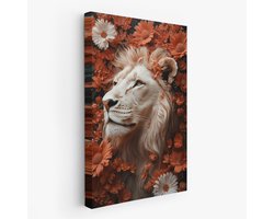 FineArtia - Leeuwenkop met bloemenkrans - Canvas Schilderij - 60 x 90 cm - Woonkamer Decoratie - Bruin;Grijs;Zilver - Slaapkamer Schilderij - Wanddecoratie