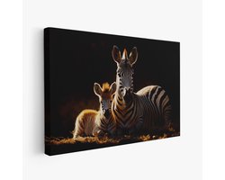 FineArtia - Moeder en baby zebra rusten - Canvas Schilderij - 60 x 40 cm - Woonkamer Decoratie - Bruin;Creme - Slaapkamer Schilderij - Wanddecoratie