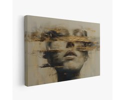 FineArtia - Mysterieus Gouden Vrouwenportret - Canvas Schilderij - 150 x 100 cm - Woonkamer Decoratie - Blauw;Bruin - Slaapkamer Schilderij - Wanddecoratie