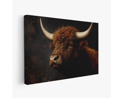 FineArtia - Mysterieuze bruine stierenkop - Canvas Schilderij - 120 x 80 cm - Woonkamer Decoratie - Bruin - Slaapkamer Schilderij - Wanddecoratie