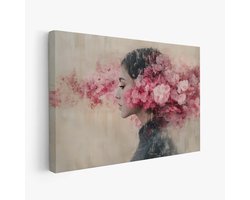 FineArtia - Roze bloemen mysterieuze vrouw - Canvas Schilderij - 150 x 100 cm - Woonkamer Decoratie - Bruin;Rosegoud - Slaapkamer Schilderij - Wanddecoratie
