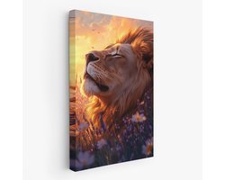 FineArtia - Rustende leeuw in paarse bloemen - Canvas Schilderij - 100 x 150 cm - Woonkamer Decoratie - Blauw;Goud;Zwart - Slaapkamer Schilderij - Wanddecoratie