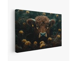 FineArtia - Rustige koe in groen woud - Canvas Schilderij - 120 x 80 cm - Woonkamer Decoratie - Blauw;Bruin - Slaapkamer Schilderij - Wanddecoratie