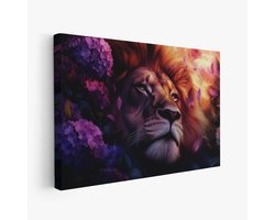FineArtia - Rustige leeuw tussen paarse bloemen - Canvas Schilderij - 150 x 100 cm - Woonkamer Decoratie - Bruin;Rosegoud;Zwart - Slaapkamer Schilderij - Wanddecoratie