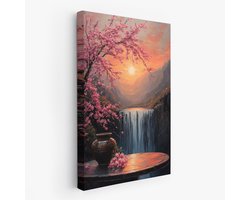 FineArtia - Rustige waterval bij zonsondergang - Canvas Schilderij - 80 x 120 cm - Woonkamer Decoratie - Blauw;Zwart - Slaapkamer Schilderij - Wanddecoratie