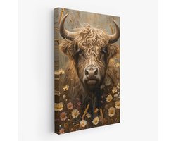 FineArtia - Stierenkop tussen bloemenveld - Canvas Schilderij - 80 x 120 cm - Woonkamer Decoratie - Bruin;Zwart - Slaapkamer Schilderij - Wanddecoratie