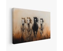 FineArtia - Vier galopperende paarden in gras - Canvas Schilderij - 90 x 60 cm - Woonkamer Decoratie - Bruin;Creme;Zwart - Slaapkamer Schilderij - Wanddecoratie