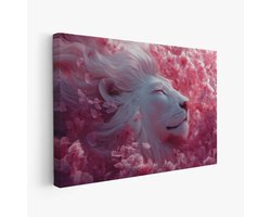 FineArtia - Witte leeuw tussen roze bloemen - Canvas Schilderij - 120 x 80 cm - Woonkamer Decoratie - Blauw;Grijs;Rosegoud - Slaapkamer Schilderij - Wanddecoratie