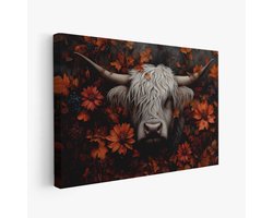 FineArtia - Witte stierenkop met bloemen - Canvas Schilderij - 120 x 80 cm - Woonkamer Decoratie - Grijs;Zilver - Slaapkamer Schilderij - Wanddecoratie