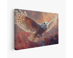 FineArtia - Witte Uil in Bloemenvlucht - Canvas Schilderij - 60 x 40 cm - Woonkamer Decoratie - Bruin;Grijs;Rosegoud - Slaapkamer Schilderij - Wanddecoratie