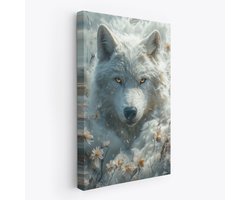 FineArtia - Witte wolf tussen bloemen - Canvas Schilderij - 40 x 60 cm - Woonkamer Decoratie - Blauw;Zilver - Slaapkamer Schilderij - Wanddecoratie