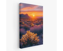 FineArtia - Woestijnzonsondergang met cactussen - Canvas Schilderij - 100 x 150 cm - Woonkamer Decoratie - Blauw;Rosegoud - Slaapkamer Schilderij - Wanddecoratie