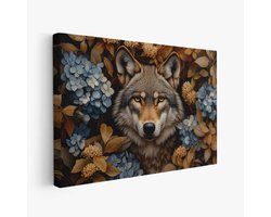 FineArtia - Wolf tussen bloemenpracht - Canvas Schilderij - 120 x 80 cm - Woonkamer Decoratie - Blauw;Bruin - Slaapkamer Schilderij - Wanddecoratie