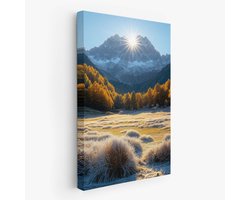 FineArtia - Zonnige Berglandschap met Sneeuw - Canvas Schilderij - 100 x 150 cm - Woonkamer Decoratie - Blauw;Bruin - Slaapkamer Schilderij - Wanddecoratie