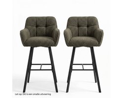 Fino Modo Barstoel - Vero Noce - Teddy Stof - Antraciet Grijs – Set van 2 | Bouclé Barkruk met Rugleuning | Zwart Metalen Frame | Kookeiland Stoel
