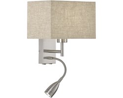 Fischer & Honsel Dream - Wandlamp met flexibele LED leeslamp - E27 - Nikkelkleurige met beige linnen lampenkap