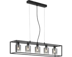Fischer & Honsel - Hanglamp Iska - 5x E14 (excl.) - lengte 95 cm - In hoogte verstelbaar - Zwart Metalen frame - Rookkleurig glas