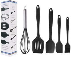 Fishermex Kitchenware - 5 Delige Siliconen Keukengerei set - Zwart - Plus Keukentang