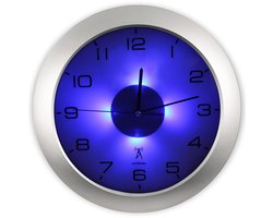Fishtec - Verlichte wandklok, radiografisch bestuurbaar, 4 blauwe leds, schemersensor, 3 verlichtingsstanden: permanent/uit of automatisch, 30 cm - decoratie, kantoor, keuken
