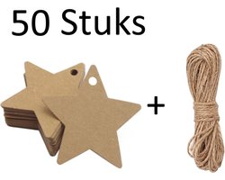 FISKA - 50x Cadeaulabels kraftpapier/karton Ster Bruin - 6 cm x 6 cm - Cadeau tags/etiketten - Label Ster - Cadeau versieringen/decoratie - Cadeaulabels Kerstmis - Labels Karton
