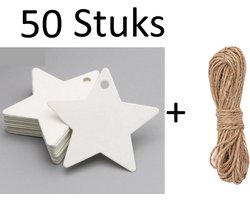 FISKA - 50x Cadeaulabels kraftpapier/karton Ster Wit- 6cm x 6 cm - Label Ster - Cadeau Tags/Etiketten - Cadeaulabels Kerstmis - Cadeau versieringen/decoratie - Labels Karton